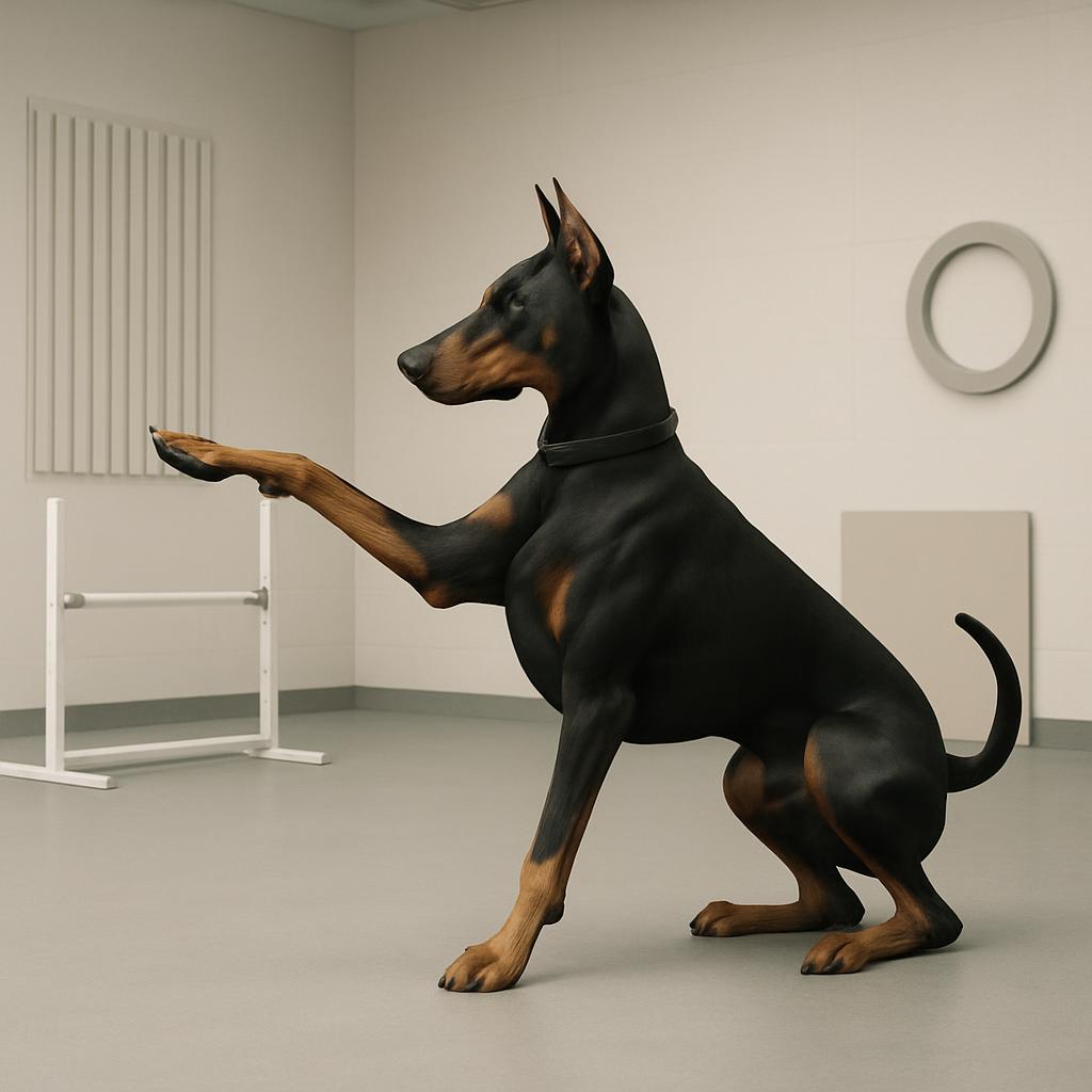 A black and tan Doberman pinscher sits in an empty room with its paw outstretched.