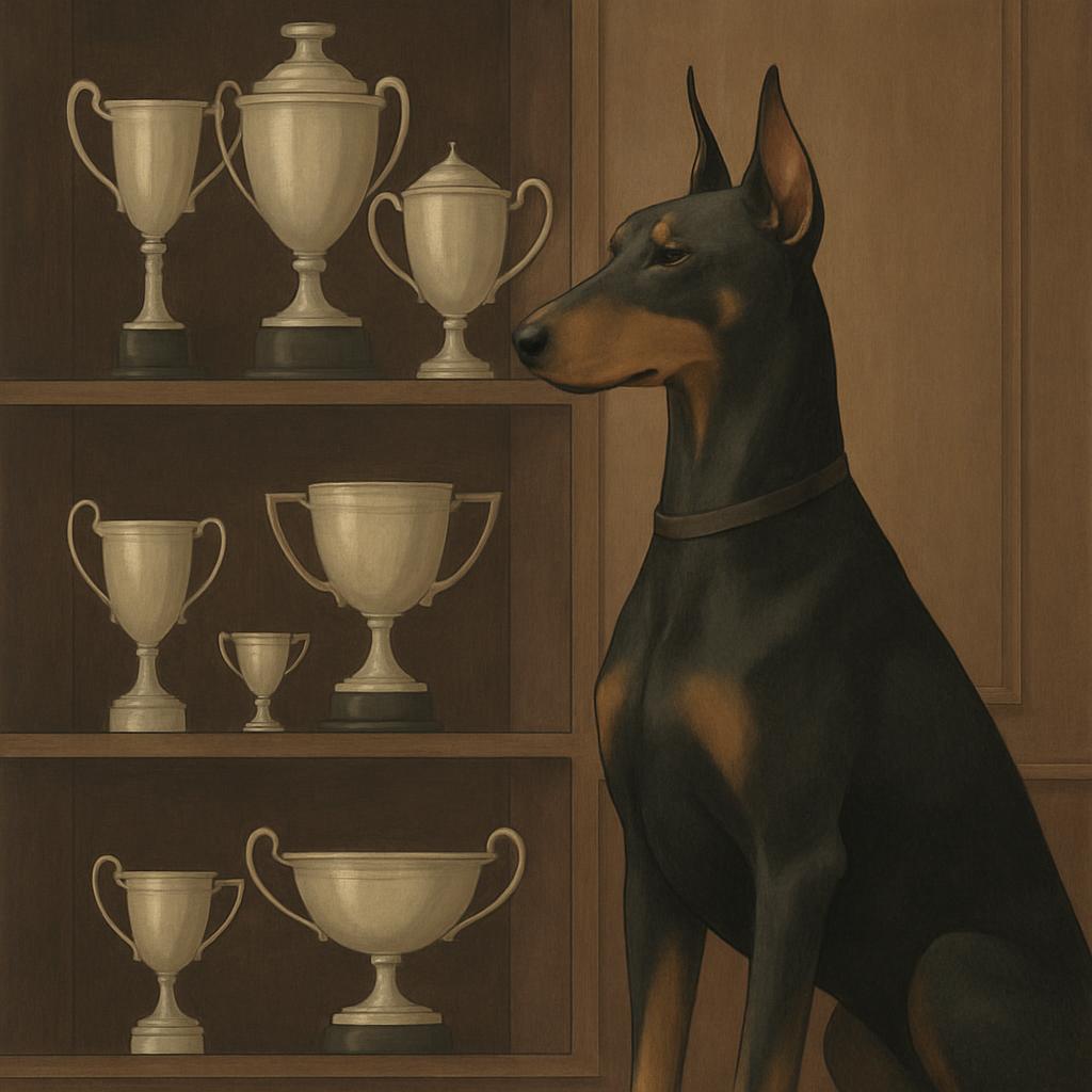 A Doberman standing near a shelf with trophies. The dog is brown and black. The background shows a brown wall. The image i...