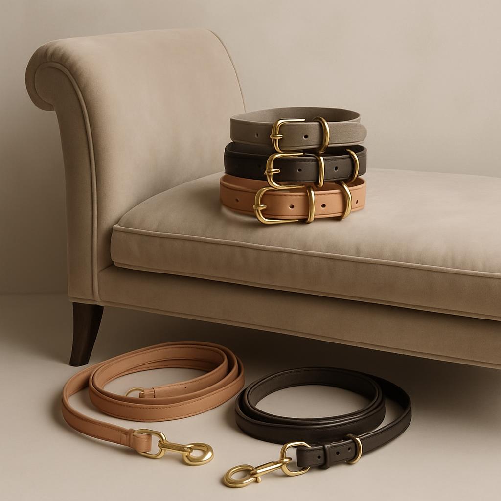 A Cream Coloured Couch accomodates stacks of tan, black, and taupe belts along with two different types of leash on the fl...