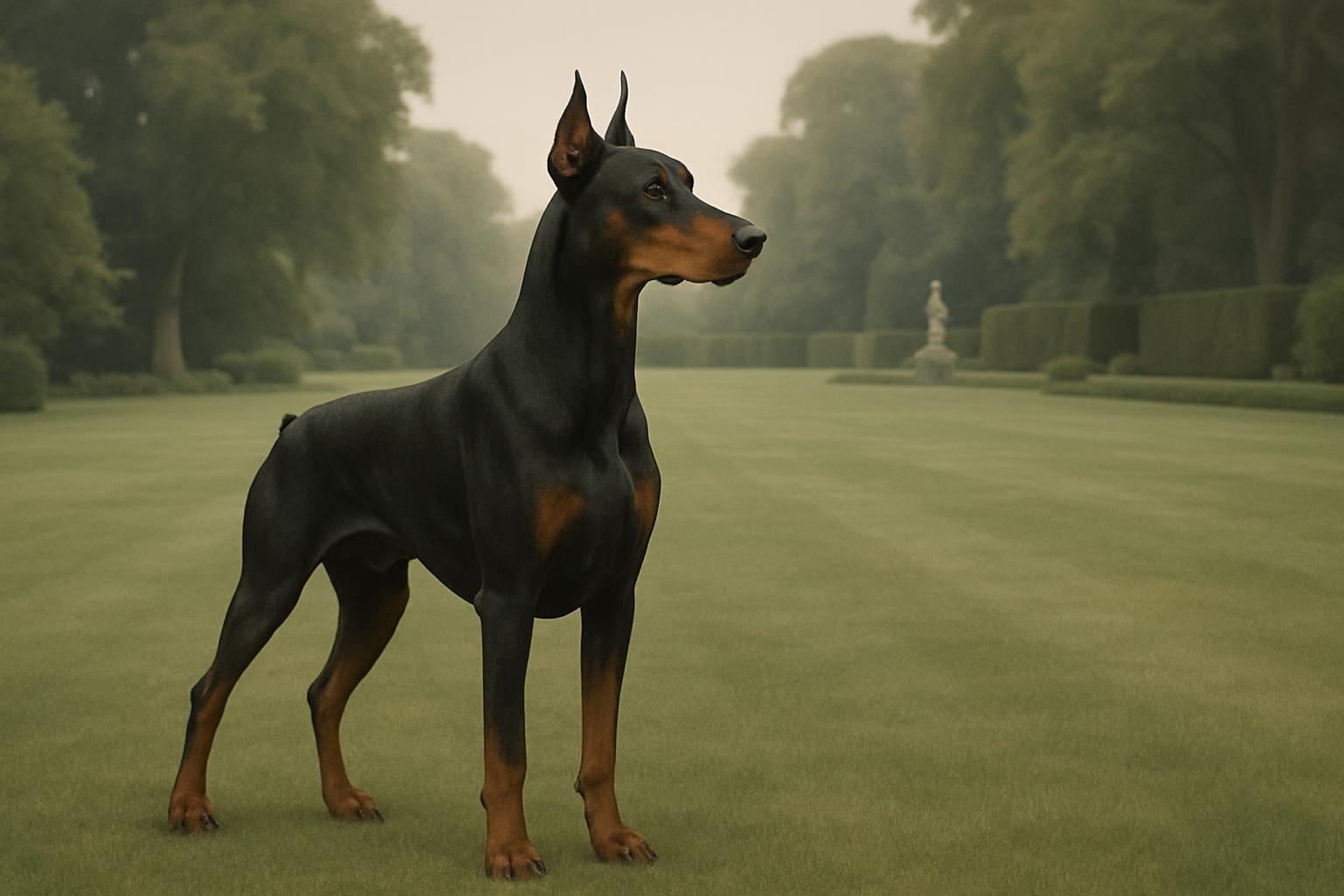 A landscape image of a short-haired Doberman Pinscher standing facing to the right, on a misty lawn within an estate, with...
