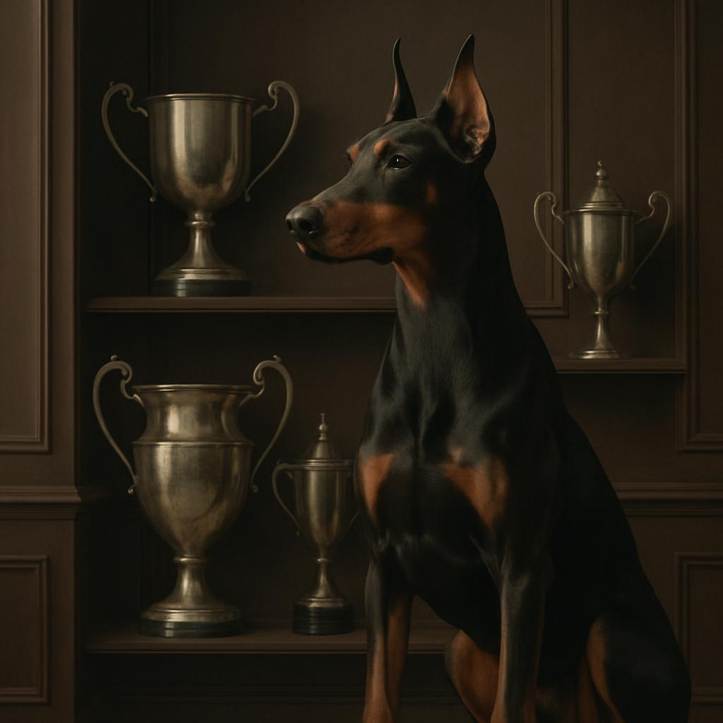 A regal black and tan Doberman Pinscher sits in front of a wall adorned with trophies, conveying a sense of achievement an...