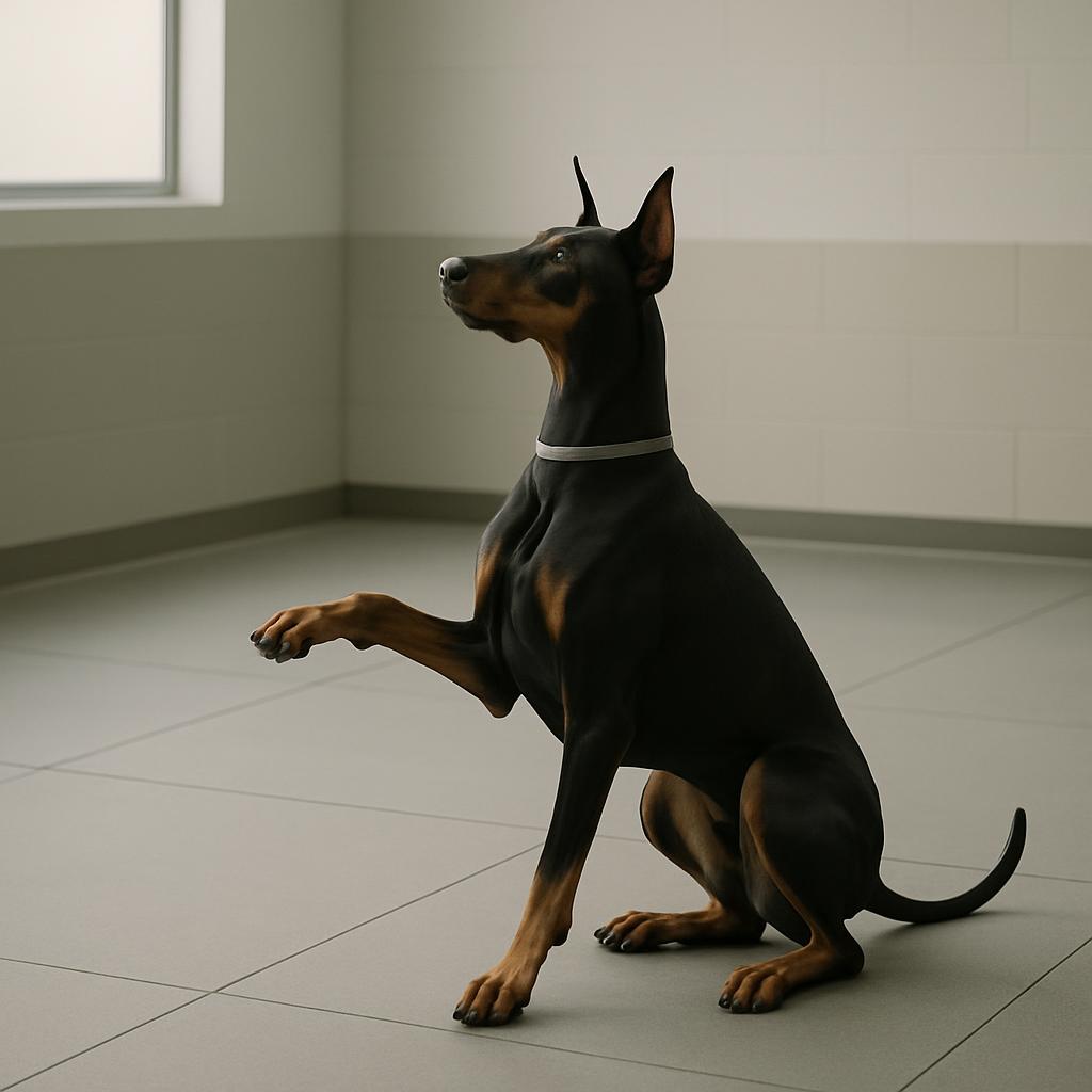 A black and brown Doberman pinscher sits on a tiled floor, looking up with its right paw raised.
