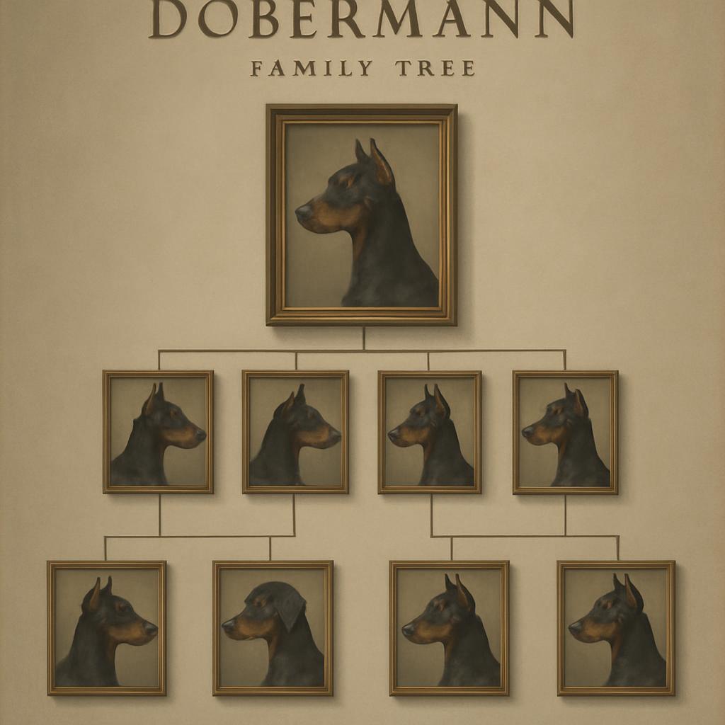 The Doberman Family Tree features a flowchart with the primary Doberman positioned on top. The chart's lower tiers sport g...