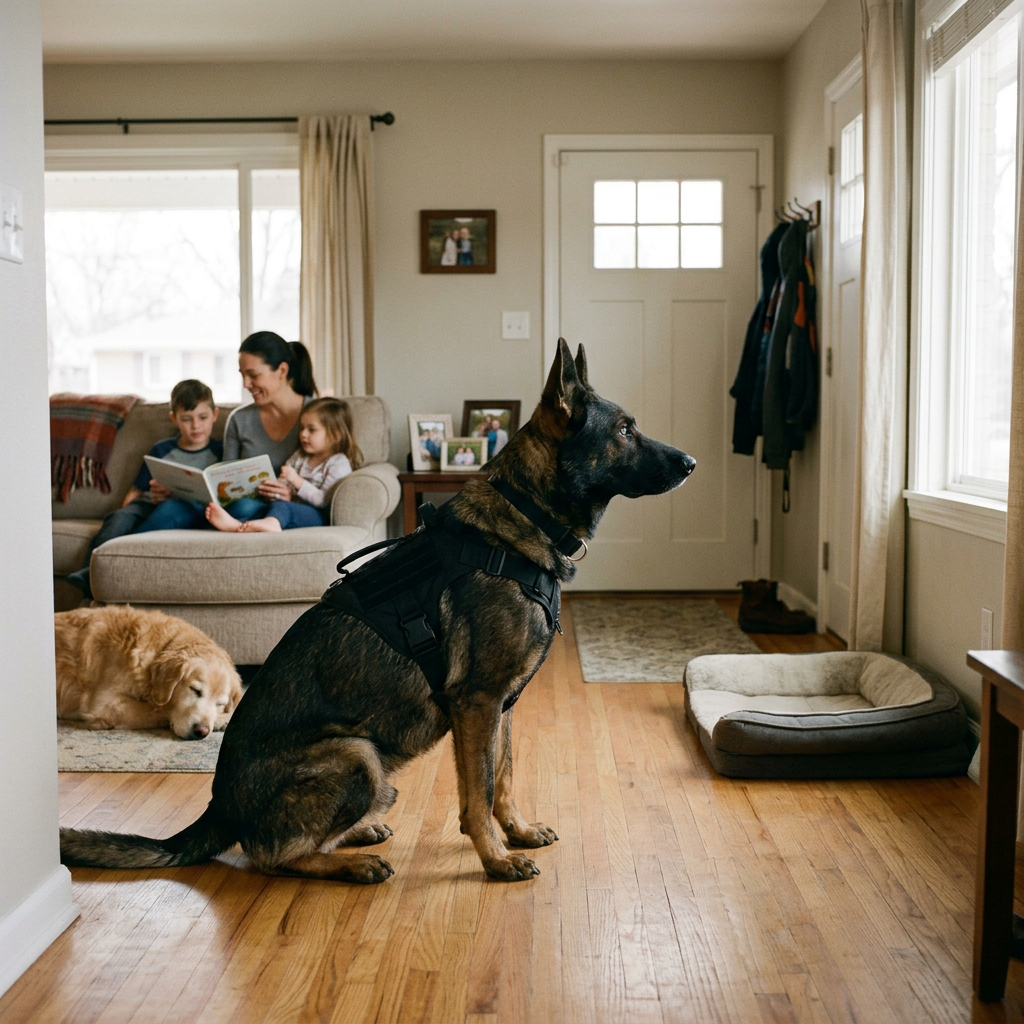 Harnessed service dog sits near family reading on a couch
